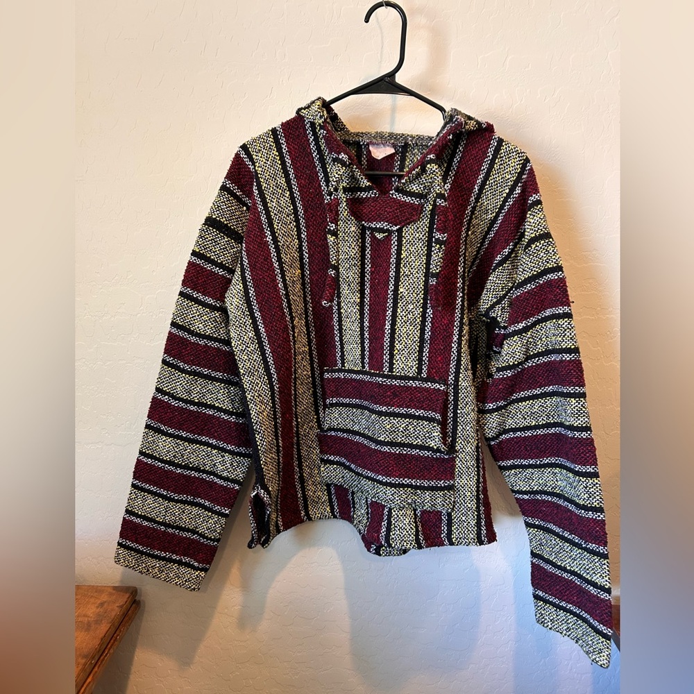 Striped Baja Hoodie Pullover Size Large Cropped Mexican Blanket Hoodie